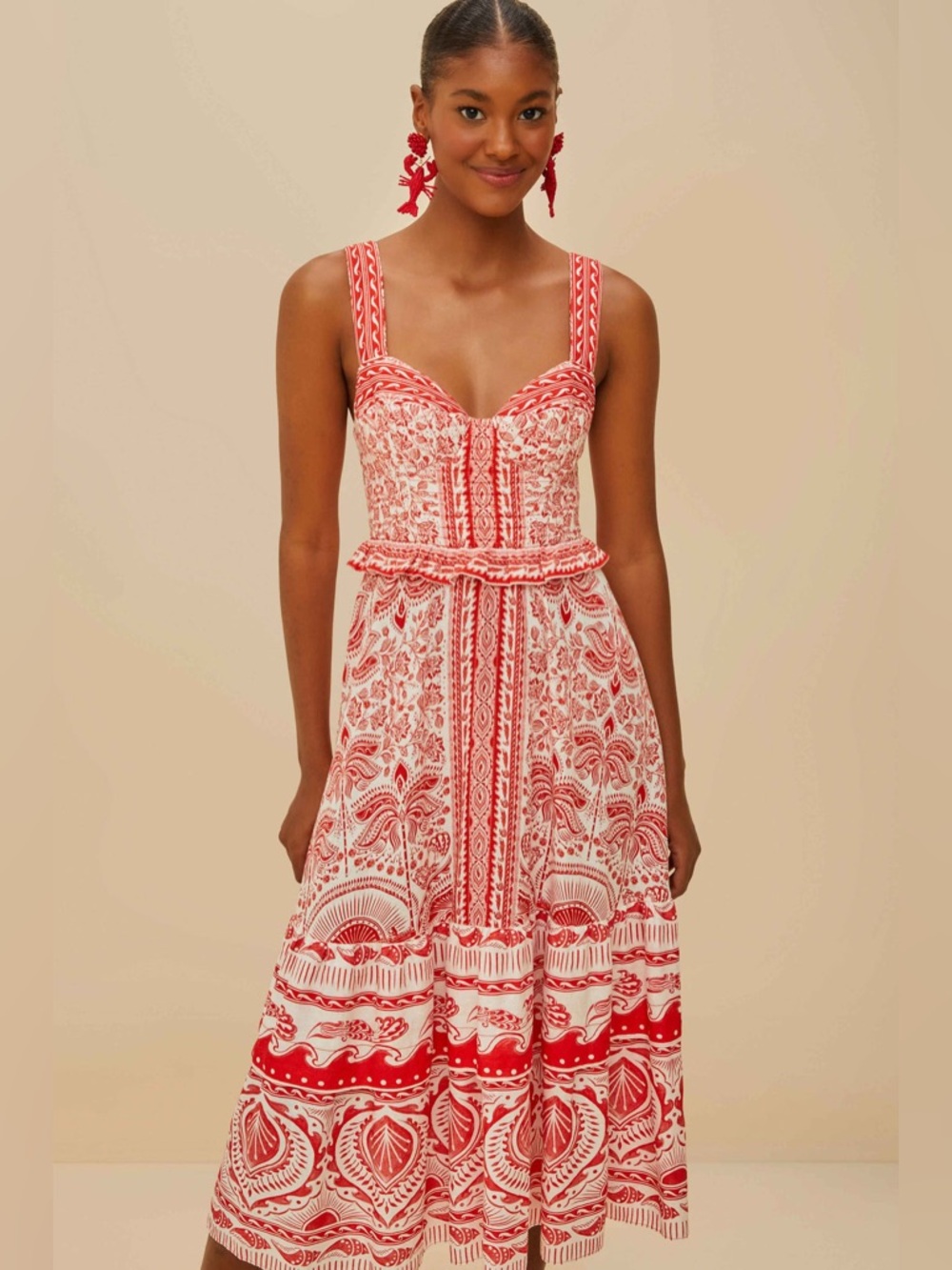FARM Rio Red River Ride LENZING™ ECOVERO™ Euroflax™ Midi Dress Size Medium - Picture 2 of 13